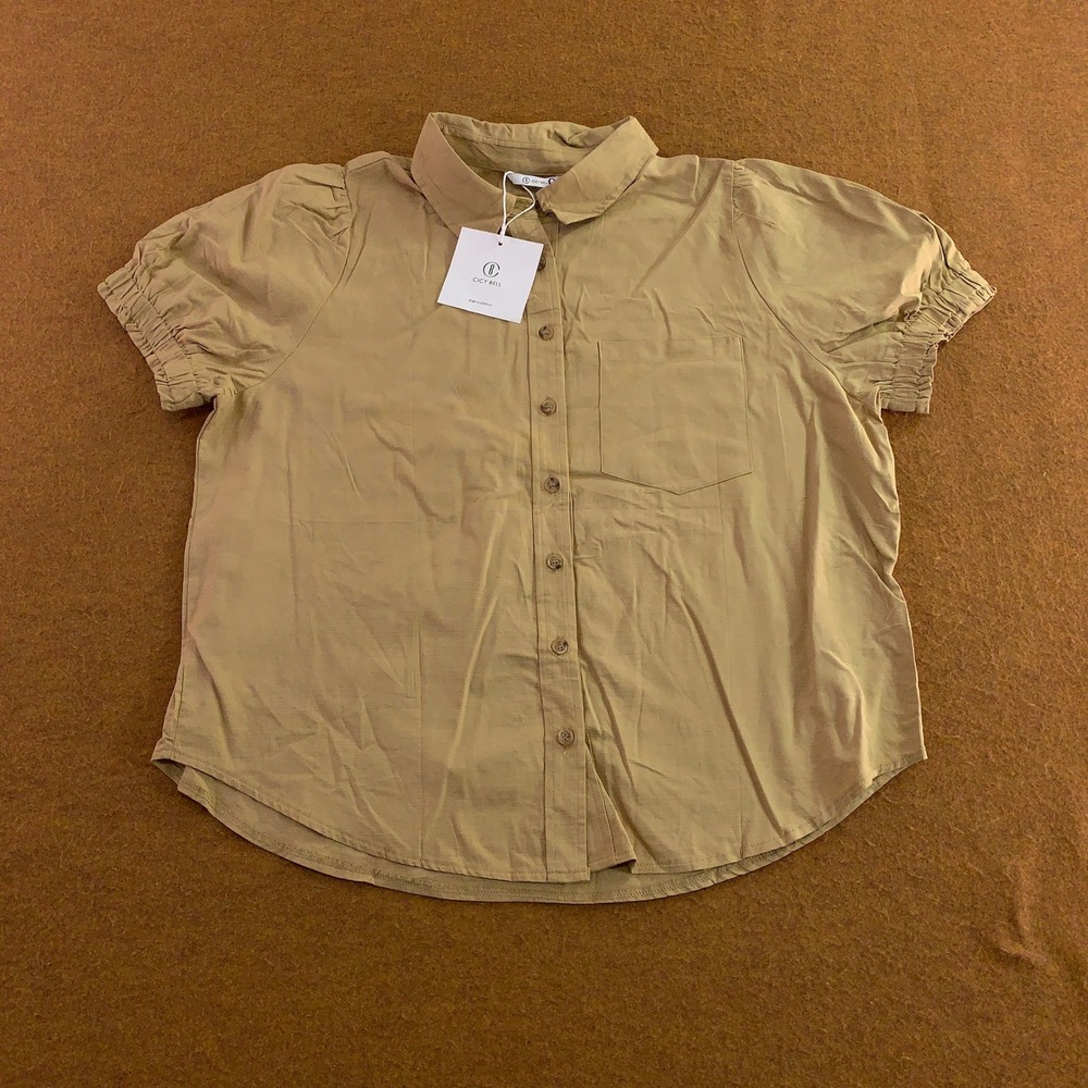 Cicy Bell Womens XL Tan Khaki Puff Sleeve Button Up Pocket Blouse NWT